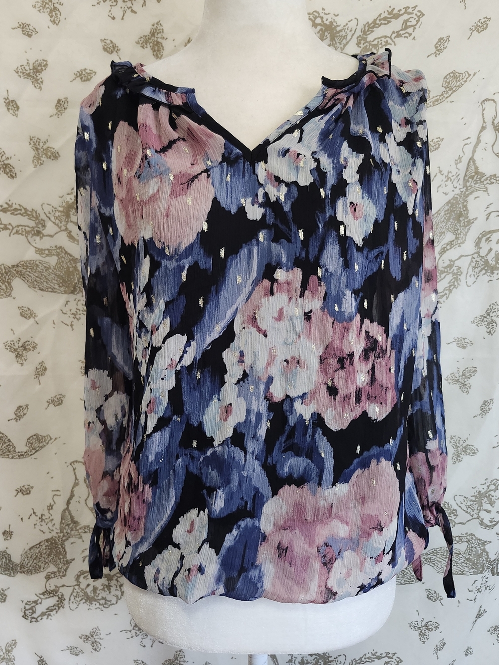 Tamara H Floral Print V-Neck Long Sleeve Blouse - Navy, Pink S